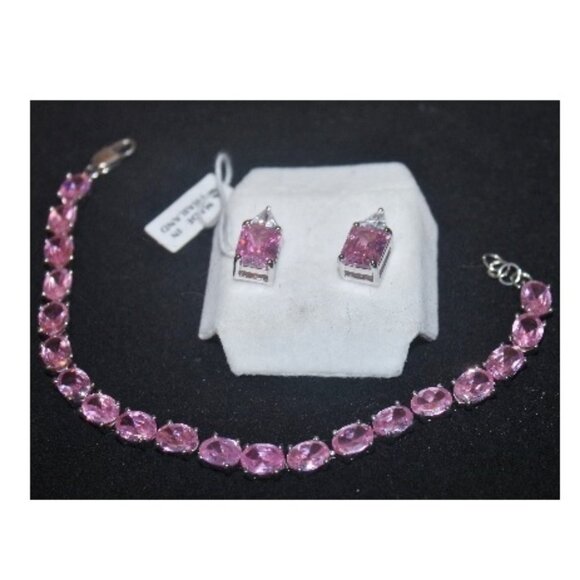 New 925 Pink Sapphire Tennis Bracelet w Coordinating Earrings Statement Pieces! - Picture 1 of 5